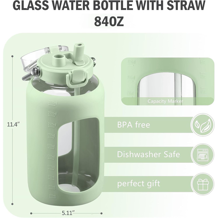 BLUEGO 2500ml Glass Drinking Bottle with Stainless Steel Handle, 2.5L Large Water Bottle with Time Markers and Silicone Sleeve, Half Gallon Water Jug, BPA-Free for Sports, Daily Use, Light Green
