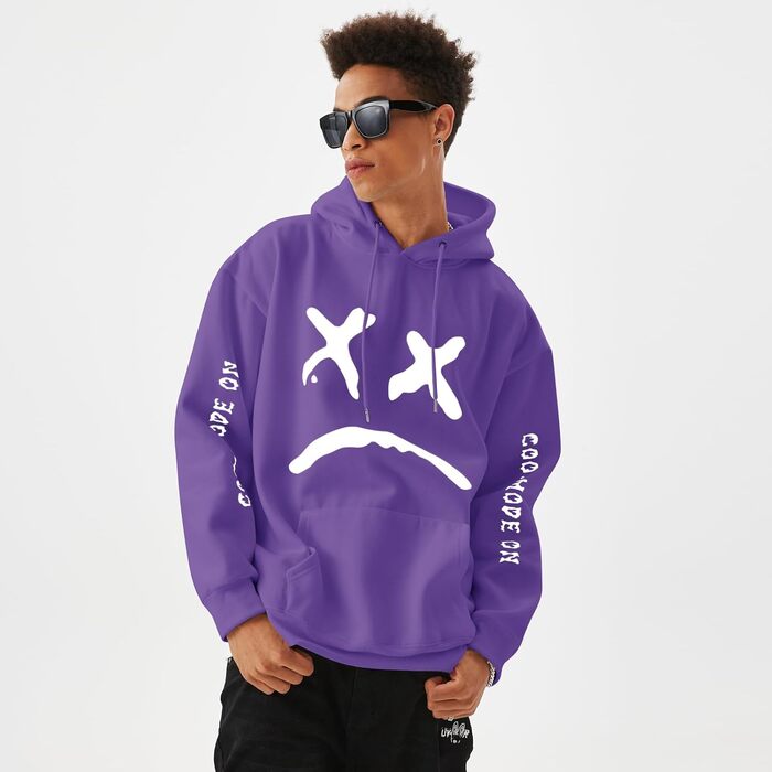 Худі для чоловіків: стильний пуловер з флісу в стилі хіп-хоп, довгі рукави, капюшон, streetwear, осінь/зима (L, фіолетовий)