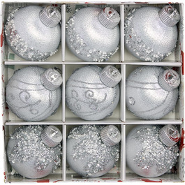 9 шт. Скляні ялинкові кулі срібного кольору з блискітками для прикраси ялинки