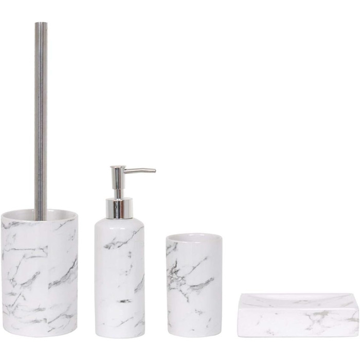 Набір для ванної кімнати MSV Toscana: 4 предмети з кераміки (диспенсер для мила, щітка для унітазу, мильниця, стакан для зубної щітки), білий, мармур