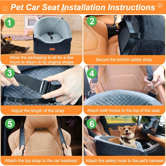 Elevated Dog Car Seat - Small & Medium Dogs (Up to 13.6KG) - Washable, Travel Bed with Storage & Safety Belt (Black & Grey)