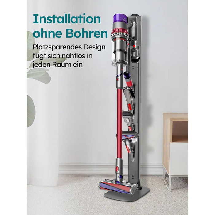 Стійка для пилососів Dyson G5, V15, V12, V11, V10, V8, V7, V6, металева, з 4 гачками та 4 полицями, без свердління, стабільна, підлогова, приховане кріплення кабелю (Темно-сірий)