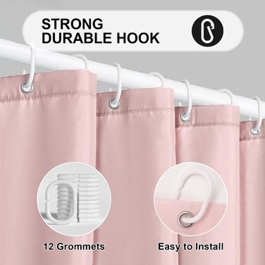Штора для душу 180x180 см, водонепроникна, антигрибкова, для ванни/душу, з кільцями, рожева