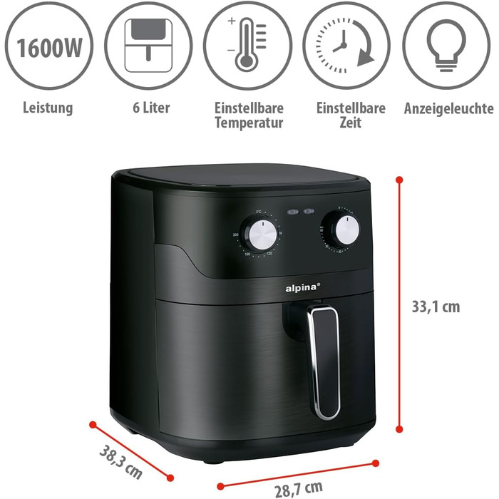 Фритюрниця Alpina Heißluft XXL: Air Fryer на 4-6 осіб, 1800W, 6L, з цифровим дисплеєм та таймером