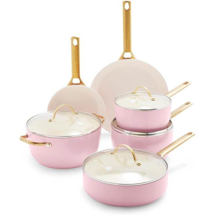 GreenPan Reserve Hard Anodized Healthy Ceramic Non-Stick Cookware Set, 10 Pieces, Including Frypans, Sauté Pan, and Saucepan, Gold Handle, PFAS-Free, Induction, Oven-Safe, Rosy Red 10-Piece Cookware Set Light Pink