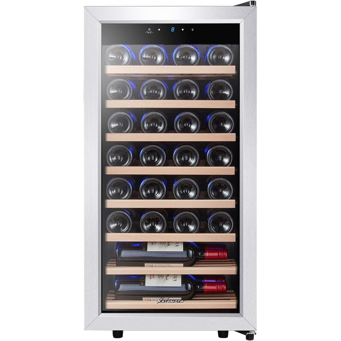Kalamera 28-Bottle Wine Refrigerator - 86 Liter Capacity, Stainless Steel & Glass Door, 5-18°C Cooling Zone, Removable Wooden Shelves