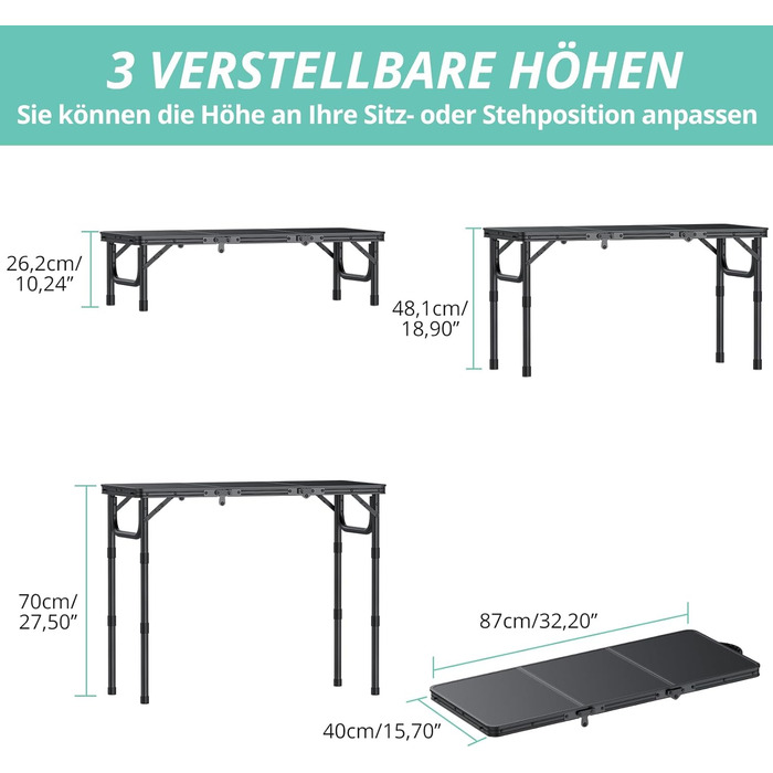 VINTEAM Складаний туристичний стіл 87x40 см, 3-х рівневий, регульована висота, алюміній, для кемпінгу, барбекю, пікніка, саду. MDF