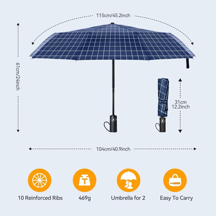 Чоловічий парасолька-тростина TechRise, великий, штормостійкий, 10 спиць, автоматичний, компактний, синьо-блакитний в клітинку
