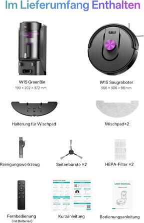 Робот-пилосос Vexilar з функцією миття підлоги, 8000Pa, LiDAR-навігація, 150 хв роботи, 15 зон заборони, керування через додаток, для шерсті тварин та килимів (W15)