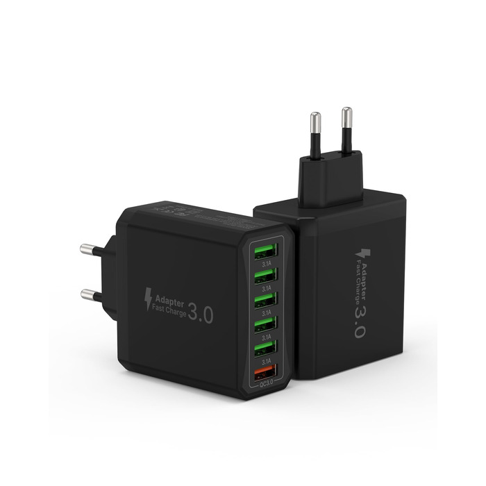 Зарядний пристрій USB 2 шт, 6 портів 33W QC 3.0 + USB 3.1A, мережевий адаптер для iPhone 16/15/14/13/12/11 Pro Max SE XR XS, iPad Pro, Samsung, смартфонів - Чорний