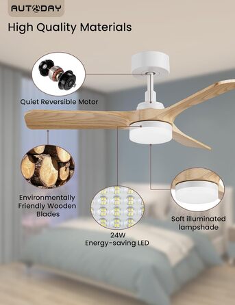 Стеляний вентилятор Holz з підсвіткою, тихий DC-двигун, 90 см, для вулиці, 3 дерев'яних лопаті, диммування LED 24W, пульт з пам'яттю, 6 швидкостей, таймер (світла текстура дерева, 75 см)