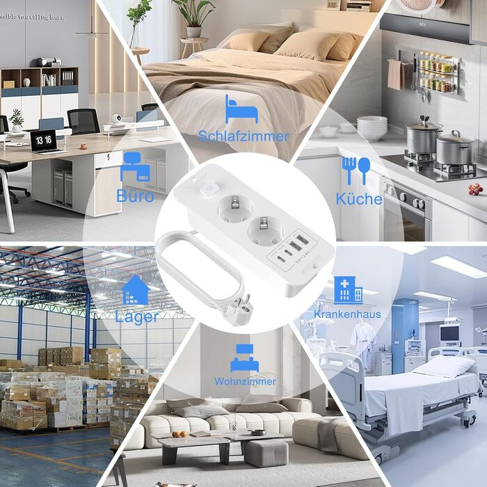 Мережевий фільтр 5-портовий з індивідуальним вимикачем, розгалужувач з 2 USB-A та 2 USB-C, мережева розподільча коробка з вимикачем, мережевий фільтр настінний з 2м кабелем, PD 20W - (2 розетки, 4 USB, білий)