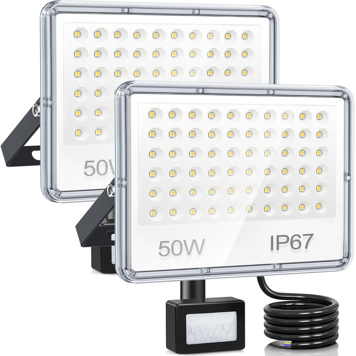 LED Floodlights with Motion Sensor Outdoor 50W 2 Pack, 5000LM LED Spotlights with Motion Sensor, 7000K Cool White Outdoor Floodlights, IP67 Waterproof Floodlights for Warehouse, Garden, Garage