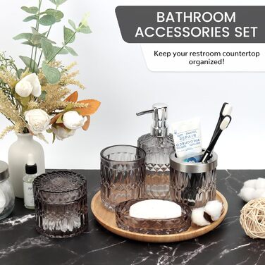 Набір аксесуарів для ванної кімнати 5 предметів: дозатор для мила та лосьйону, склянка для зубних щіток, стаканчик, мильниця, органайзер (чорний/прозорий) - сучасний декор для ванної, кухні, туалетного столика