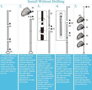 DUFU Поличка для душу та ванни кутова металева з 4 кошиками, регульована висота 73-265 см, чорна