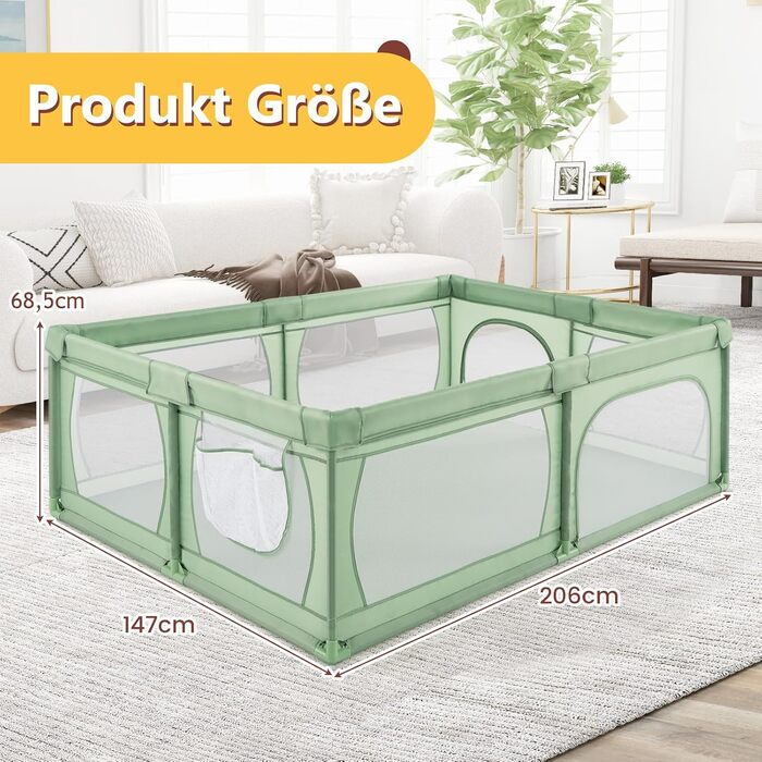 DREAMADE 200 x 140 cm Baby Playpen, Playard with 50 Balls & Carry Bag, Crawling Barrier for Indoor & Outdoor Use (Green, without mattress) Green without mattress