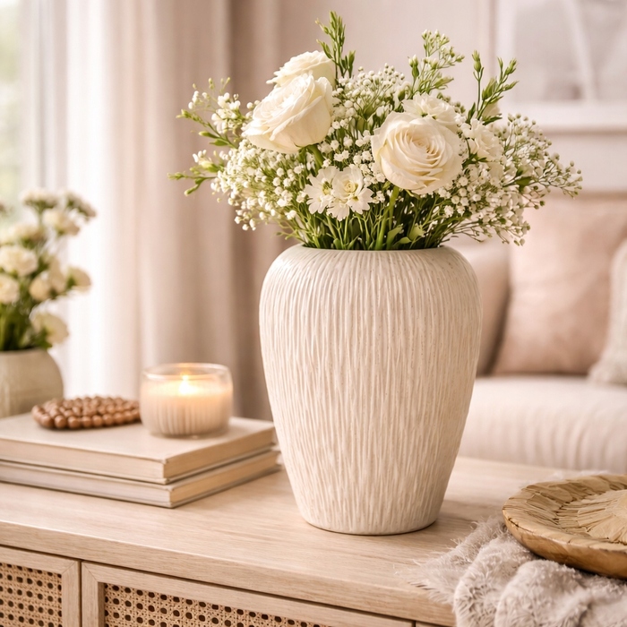 Керамічна структурна ваза кольору екру, природний гламур, рифлена