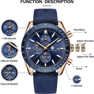 Годинник чоловічий BENYAR з коричневим шкіряним ремінцем, кварцовий хронограф, дата, календар, водостійкий, спортивний, з блакитним циферблатом (золотий корпус)