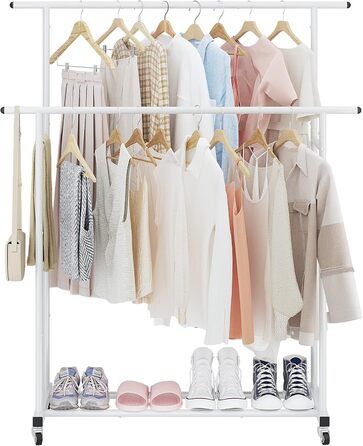 Clothes Rack with Double Rod, Rolling Clothes Rack, Portable Clothes Rack for Bedroom, Living Room, Clothing Store, (White)