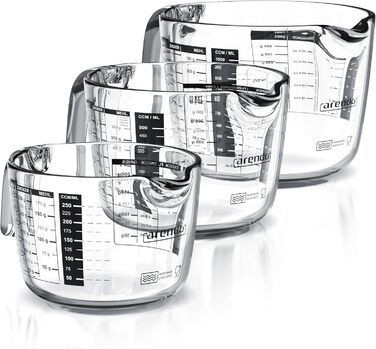 Arendo - Borosilicate Glass Measuring Cup Set - Sizes 1000ml, 500ml, 250ml (1l, 0.5l, 0.250l) – Glass Measuring Jug, Pitcher – Precise Scale – Heat Resistant – Microwave Safe – Kitchen Measuring Cup