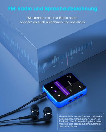 MP3 плеєр 32GB Bluetooth 5.0 з сенсорним екраном, Hi-Fi звук, металевий корпус, радіо, диктофон, підтримка до 128GB - блакитний
