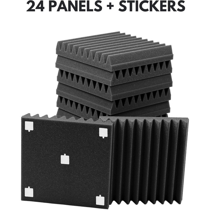 Акустичний поролон для звукоізоляції, набір 24 панелі 30x30x5 см, шумопоглинаючі панелі для стін студії звукозапису, антрацитово-сірий, з клеєм