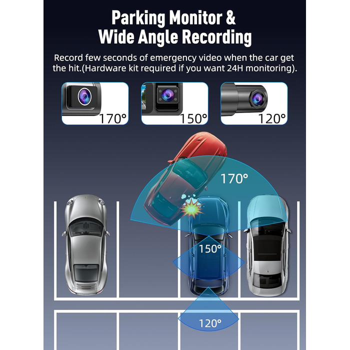 Автомобільний відеореєстратор 3-в-1 (передній, внутрішній та задній), 4K+1080P+1080P, 5GHz WiFi, IPS екран 3.16