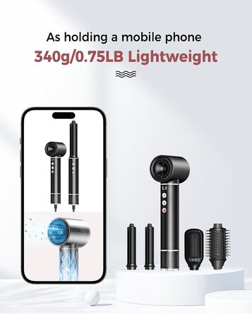 Airstyler 5 в 1: Фен-щітка з іонізацією, 5 насадок, 20 м/с, 110 000 об/хв, легкий (340г), чорний