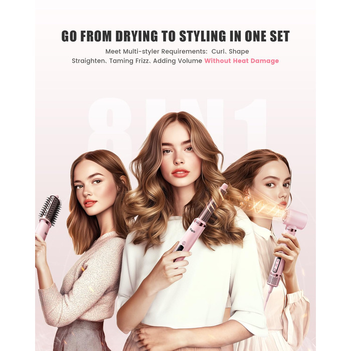 Airstyler 8-в-1: комплект для укладки волосся з набором насадок, рожевий