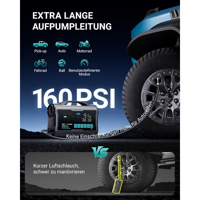 Пусковий пристрій (бустер) VANTRUE POWER JS3 для авто з компресором 160 PSI та функцією Powerbank, чорно-сріблястий