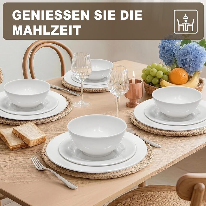 36-ти елементний набір посуду – міцний, легкий, з 26 oz мисками, десертними та обідніми тарілками, придатний для миття в посудомийній машині, багаторазовий, подарунок для дому, для щоденного використання, білий (6-дюймові миски, 6 наборів)
