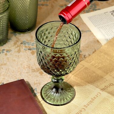 Joeyan 350ml Green Vintage Wine Glasses with Diamond Embossed Design, Colorful Goblet Glasses Wine Cup Set for Wine Juice Drinks, Set of 4 Retro Glasses with Stem, Dishwasher Safe