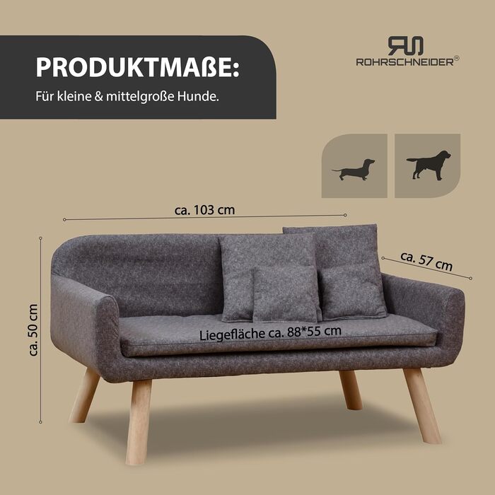Диванчик для собак Rohrschneider Chicago | Миється, для собак маленьких та середніх порід | Макс. вага 50 кг | Зручний, сірий, розмір 103x57x50 см | З аксесуаром для збору відходів
