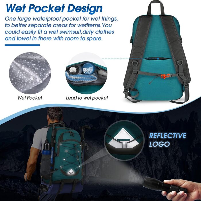 IGOLUMON Hiking Backpack for Men and Women, 40L Waterproof Backpack, Lightweight Foldable Travel Backpack, Trekking Backpack with Reflective Strips for Cycling, Climbing, Mountaineering and Travel Sports (Green)