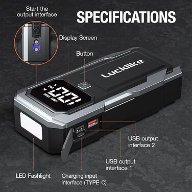 Powerbank для запуску двигуна Lucklike: 3000A, LED-ліхтарик, для авто та мото (до 8.0L бензин/7.0L дизель)