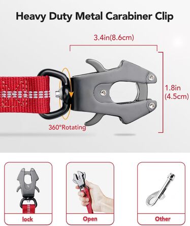 Тактична повідок для собак Joytale, еластична повідок з двома зручними ручками, страхувальний ремінь для автомобіля, повідок без ривка для собак середніх, великих та екстра-великих порід (1.2м-1.8м, червона)