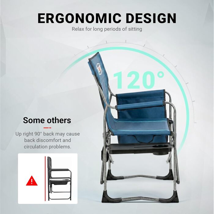 Кемпінговий стілець OVERMONT складний з бічним столиком та охолоджувальною сумкою, до 180 кг - блакитно-сірий