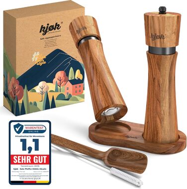 köc Premium Salt and Pepper Mill - Solid Acacia Wood with Coaster, Cleaning Brush and Funnel - Wooden Mill Set with Ceramic Grinder - Salt and Pepper Mill Father's Day Gift