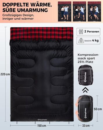 KingCamp 2-Person Winter Sleeping Bag - Warm, Portable, 3-4 Season Camping Sleeping Bag with Flannel Pillows - for Kids & Adults