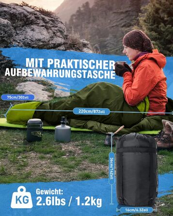 Сплячий мішок 3-4 сезони, водонепроникний, ультралегкий, для дорослих та дітей, 220*75см (Зелений)
