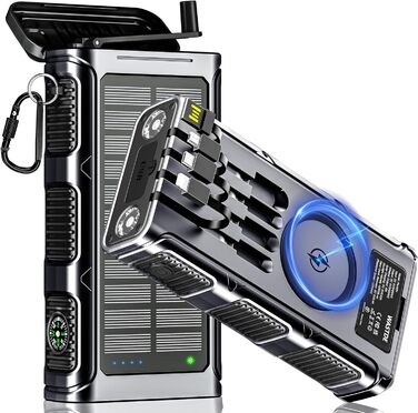 Сонячний Powerbank 26800 mAh з ручним генератором та 4 кабелями, водонепроникний зовнішній акумулятор для телефону, кемпінгу, подорожей (сріблястий)