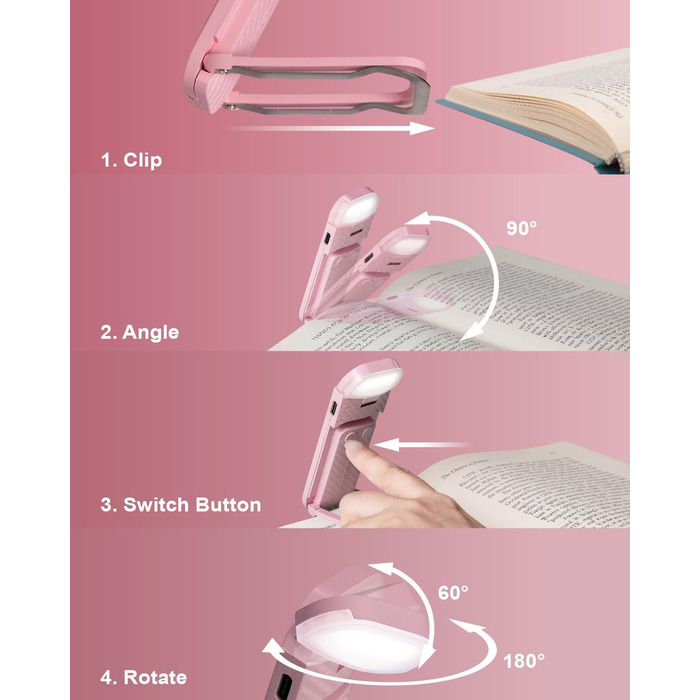 Кліпса-лампа для читання HEMONNKAM, рожева, акумуляторна, світло для читання в ліжку