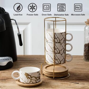 Набір келихів для еспресо LUKA з блюдцем та металевою підставкою (4 шт.), 118 мл, кераміка, мармуровий візерунок білий