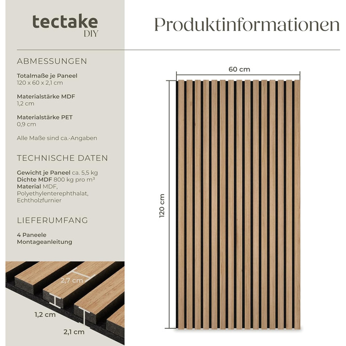 Набір 3D акустичних панелей tectake під дерево 120 x 60 x 2,1 см, шумопоглищаючі стінові панелі для вітальні та кухні, дуб (4 шт.)