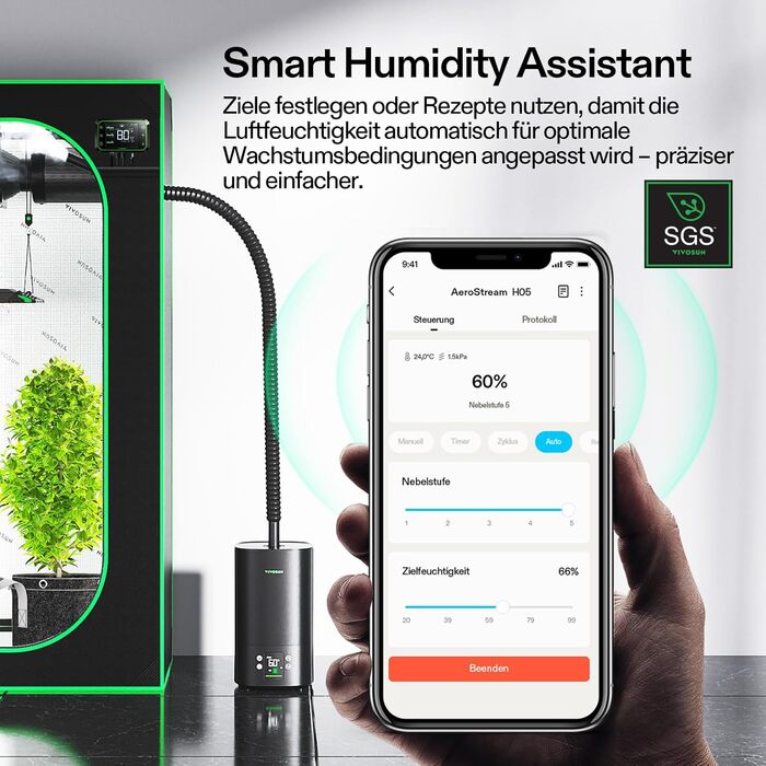 Зволожувач повітря VIVOSUN для рослин 5л Smart, AeroStream H05, 24dB, 360° Cool Mist, 50H, Top-Fill, Ультразвуковий, для гроу-тенту/гроубокса