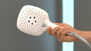 hansgrohe Raindance Select E - Showerhead, Hand Shower with square shower panel (150 x 150 mm), showerhead with anti-limescale function, 26550000 (3 spray patterns with water-saving function, white/chrome)