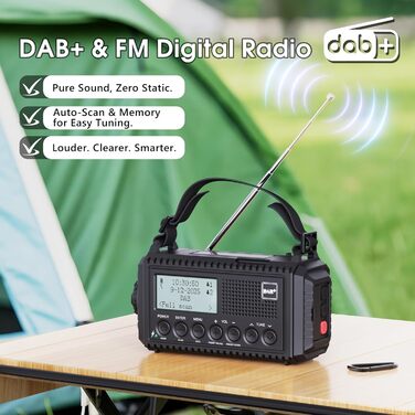 Радіо DAB/DAB+/UKW з вбудованим акумулятором 5000mAh, сонячне, аварійне, з USB-зарядкою, для кемпінгу, з LED-ліхтариком, SOS-сигналом, ручне, портативне, чорне