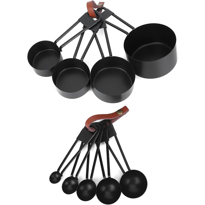 Qukaim Measuring Cup Set, 9-piece, black, stainless steel, including measuring spoons and scoops, kitchen and baking accessories, easy-to-read scale