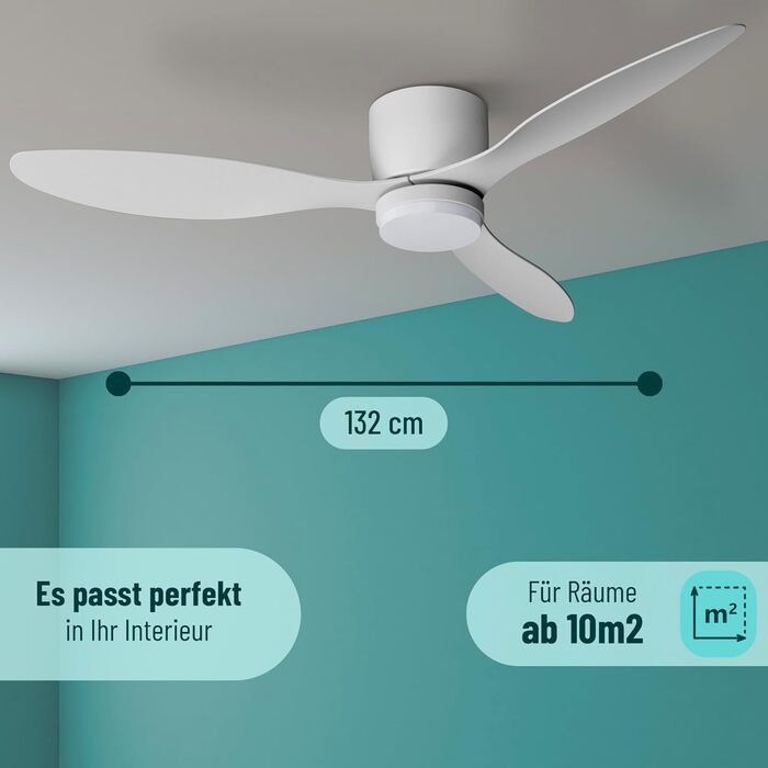 Стеляний вентилятор Noaton® Fornax Weiß з підсвічуванням, діаметр 132 см, DC мотор 40 Вт, диммований LED модуль 22 Вт, 3 колірні температури, пульт дистанційного керування, таймер, повітряний потік до 185 м³/хв.