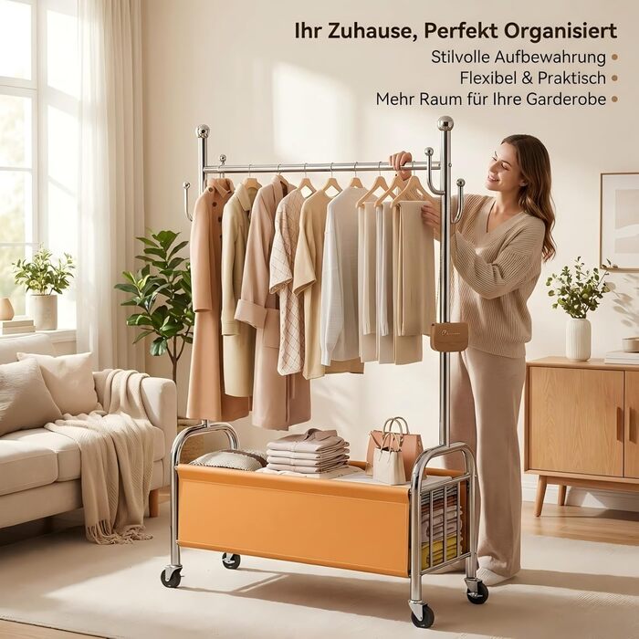 Вішалка для одягу сталева з кошиком для зберігання, навантаження до 115 кг, 3-в-1, для спальні та передпокою UP-R02